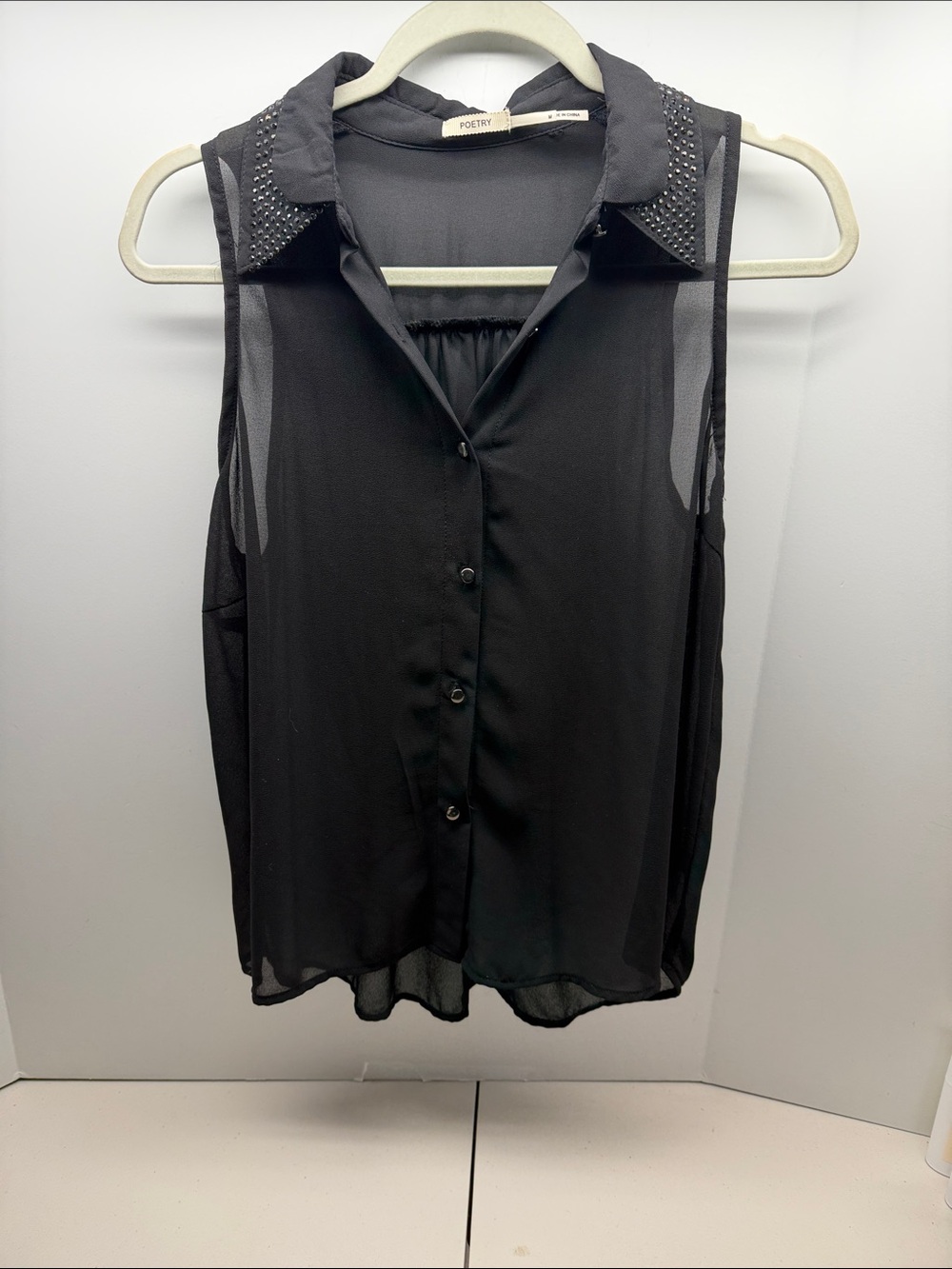 Poetry Black Sleeveless Stud-Collar Button Blouse